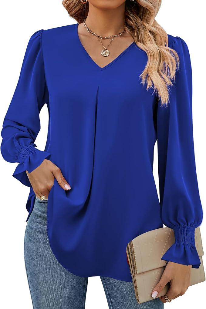 Funlingo Women's 2026 Long Sleeve Tops Dressy Casual V Neck Tunic Shirts Loose Chiffon Work Blouse
 M