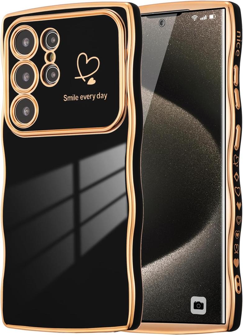 DEFBSC Case for Samsung Galaxy S25 Ultra Case, Curly Wave Shape Plating Frame Cute Love Heart Cover for Girls Women, Full Camera Lens Protection Soft Durable TPU Shockproof Bumper, Black