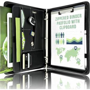 STYLIO Zipper Portfolio Binder | Padfolio 3 Ring Binder (1") and Clipboard Folio (Removable) | Portfolio Organizer for Documents, iPad, Tablet, Phone | Faux Leather Notebook for Men & Women (Black)