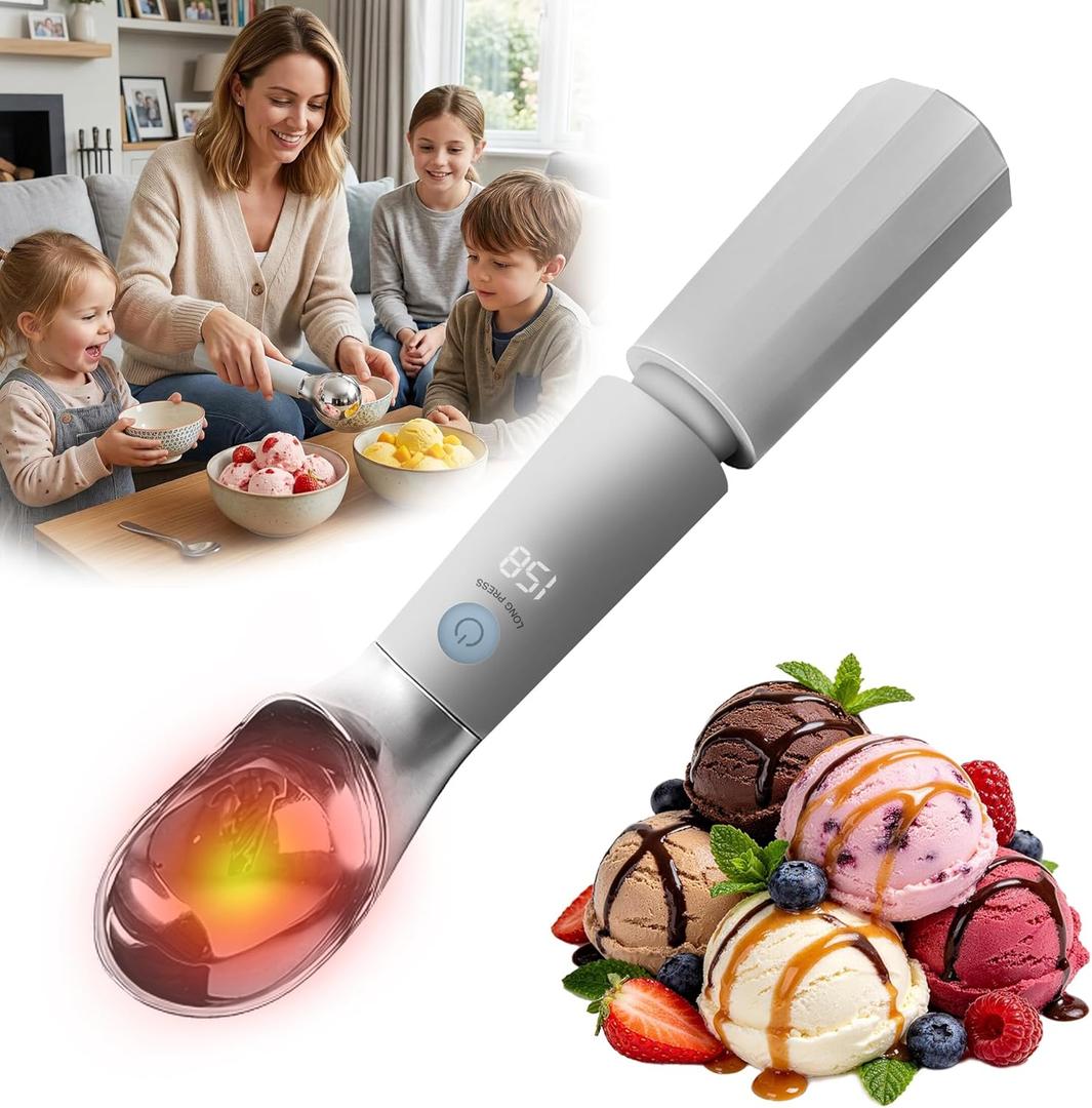 Heated Ice Cream Scoop Rechargeable with Removable Battery, Electric Warming Scooper, 30s Rapid Heating to 162F, 316 Stainless Steel, LED Display & IP67 Waterproof, Easy Clean for Hard Ice Cream