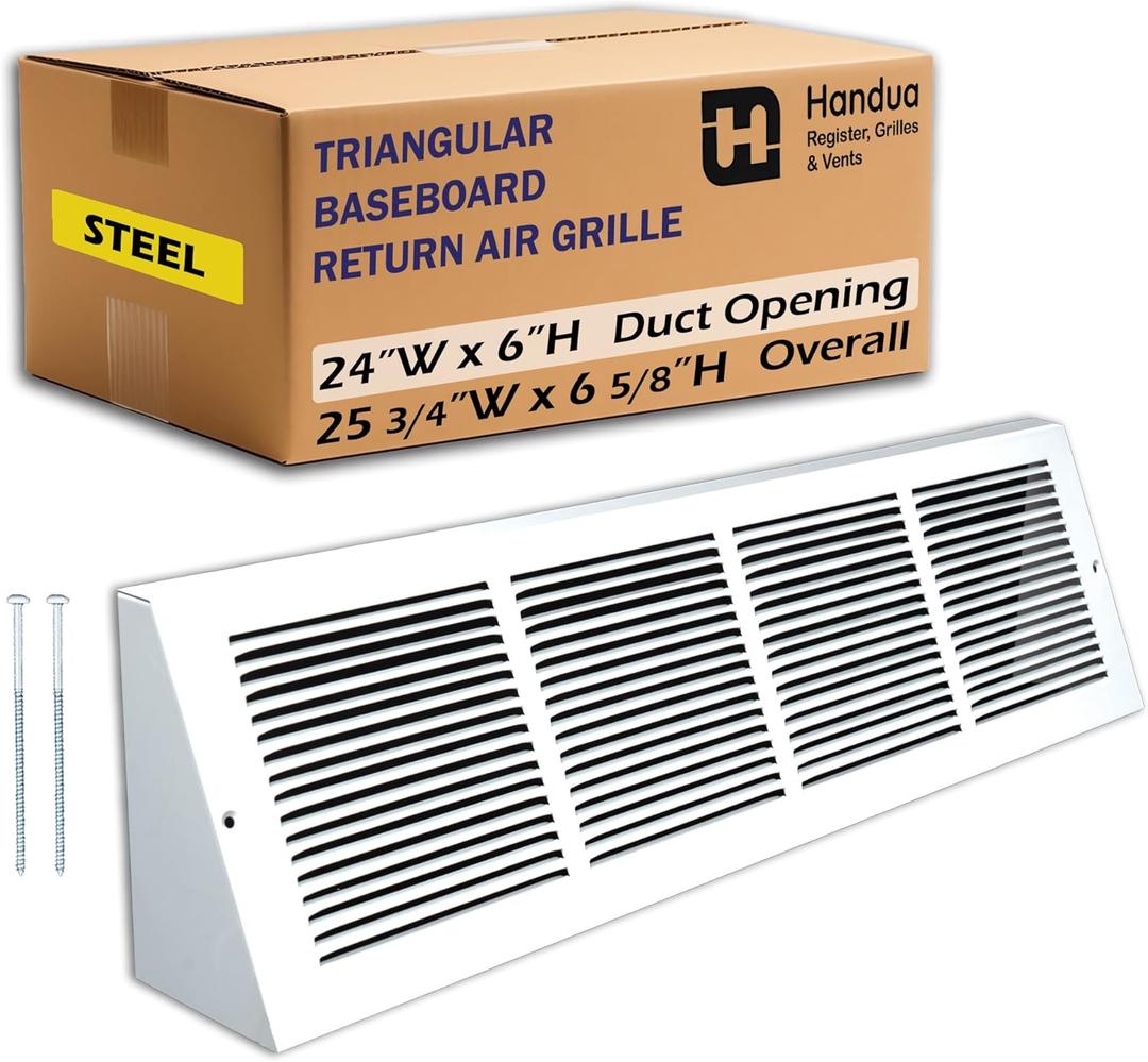 Fits 24x6 Duct Opening | Steel Triangular Baseboard Return Air Grille by Handua | Efficient Air Flow | Air Register Vent Cover Grill | 3-13/16" Depth | White | Outer Dimensions: 25-3/4" x 6-5/8"