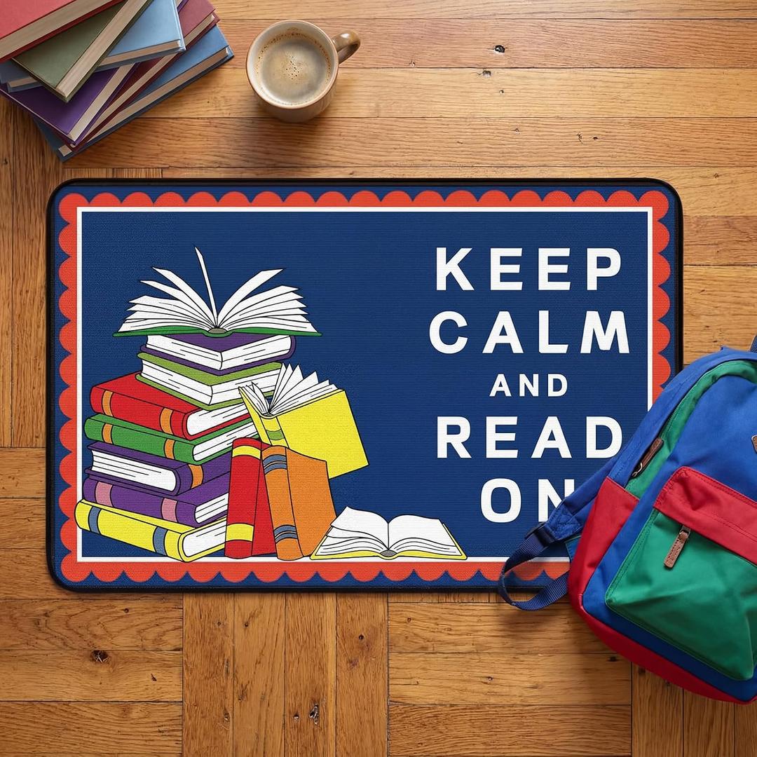 Dunzy Keep Calm and Read On Mat Classroom Calm Down Corner Rug 36" x 24" Non-Slip Carpets Black Rug for School Living Bedroom Playroom