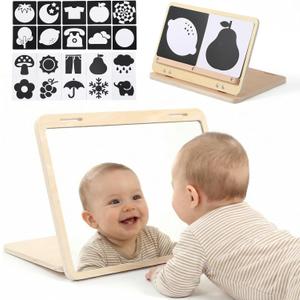 IEATFO Tummy Time Play Set Adjustable Angle, Double-Sided Design, Montessori Tummy Time Toys Large Baby Safe Mirror and Card Display Stand with Black and White High Contrast Baby Cards