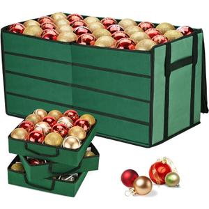 Christmas Ornament Storage Box, Ornament Organizer with 8 Removable Trays and Adjustable Dividers Holds 128 Pcs Decoration Balls, Dual Zipper for Christmas Ornament Storage (Green)
