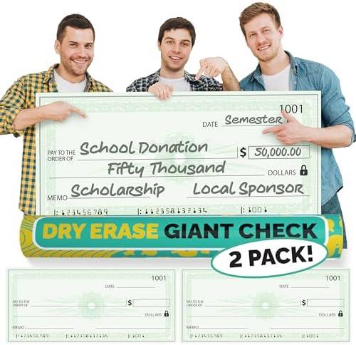 (2 Pack) Big Checks For Presentations | 36 x 16" Dry Erase Giant Fake Check | Oversized Fake Checks For Presentation, Big Check Fundraiser Items, Reusable Fake Check