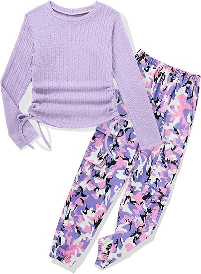 mksodop Girls Clothes Ruched Drawstring Short Sleeve Knit Top and Camo Print Pants 2 Piece Girls Outfits 6-7Y