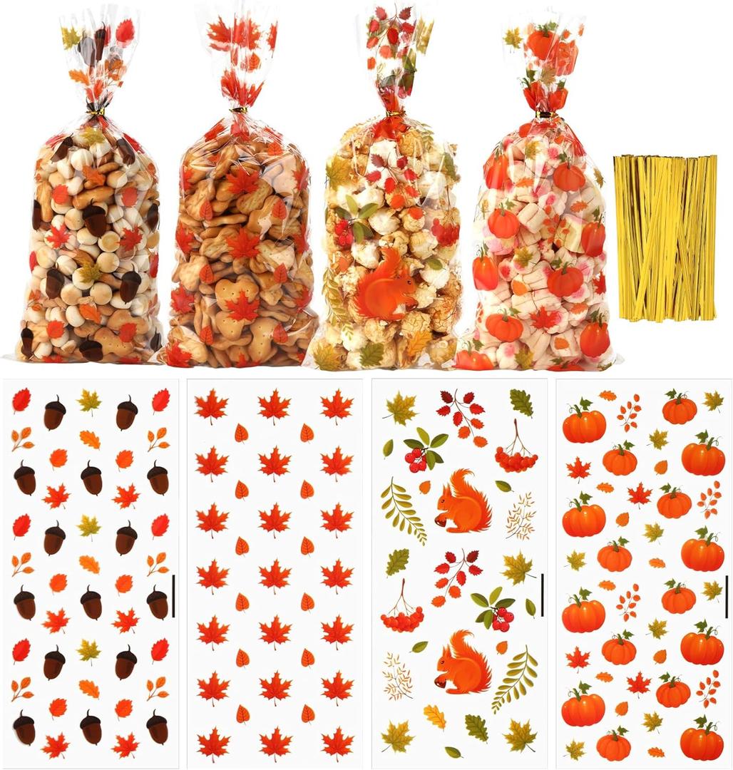 Fall Thanksgiving Treat Bags, 200 PCS Fall Cellophane Treat Bags, Thanksgiving Gift Bag, Plastic Autumn Pumpkin Maple Leaf Candy Cookie Goodie Gift Bag with Twist Ties for Falls Party Favors Supplies