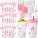 Yungyan 16 Sets Pink Bow Party Favors Goodie Cups with Lids and Straws for Birthday Coquette Party Decorations Reusable 16oz Plastic Candy Cups Plastic Straws for Christmas Decor(Pink Bow)