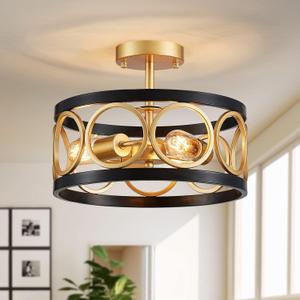 XINGQI 13" Modern Semi Flush Mount Ceiling Light Fixture, Black and Gold Drum Chandelier with Metal Shade Farmhouse Round Ceiling Lamp for Living Dining Room Bedroom