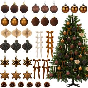 45 Pcs Brown Neutral Christmas Ornaments Set with Brown Balls Velvet Bows Pine Cones Ribbons Pentagram and Honeycomb for Xmas Tree Decorations Holiday Rustic Farmhouse Indoor Home Decor