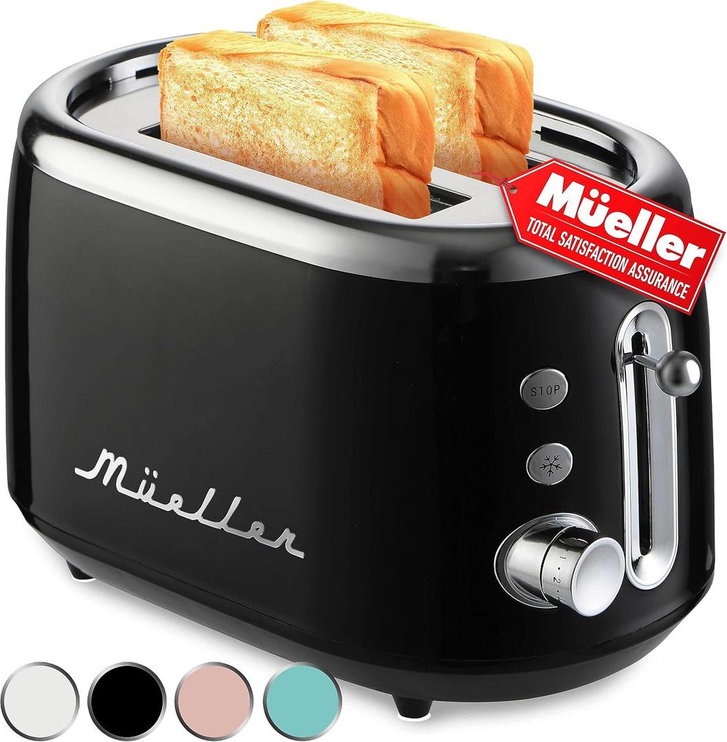 MUELLER HOME Retro Toaster 2 Slice, 7 Browning Levels, 3 Functions (Reheat, Defrost, Cancel), Stainless Steel Features, Removable Crumb Tray, Under Base Cord Storage, Black