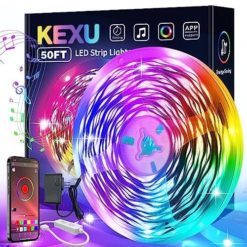 KEXU LED Strip Lights 50ft Led Lights for Bedroom Music Sync RGB Color Changing Led Lights Strip with Smart APP Lights for Bedroom Room Decor