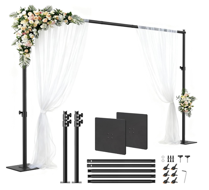 Square Backdrop Stand 6.5x10ft, Heavy-Duty Pipe Drape with Flat Metal Base
Adjustable Photography Background Support, Aluminum Poles Stand Kit for Weddings, Parties, Video Studio, Birthday, Black