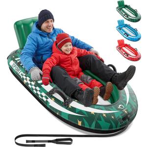 QPAU 2-Person Inflatable Snow Sled with Premium Canvas Cover, Heavy Duty Sled with Backrest & Reinforced Handles, Snow Tubes for Kids & Adults, Winter Inflatable Toys (Green)