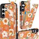 Petitian for Samsung Galaxy A16 5G Case with Wallet - Women Girls Cute Girly Aesthetic Unique Design Leather Credit Card Holder Cardholder Stand Wristband for Galaxy A16 5G, Orange Floral
