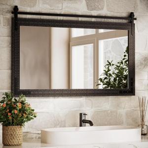 TETOTE Black Farmhouse Barn Door Wood Mirror for Bathroom Wall 40 x 26 Waterproof Natural Solid Wooden Framed Rectangle Vanity Mirror Wall Mounted, Fully Assembled