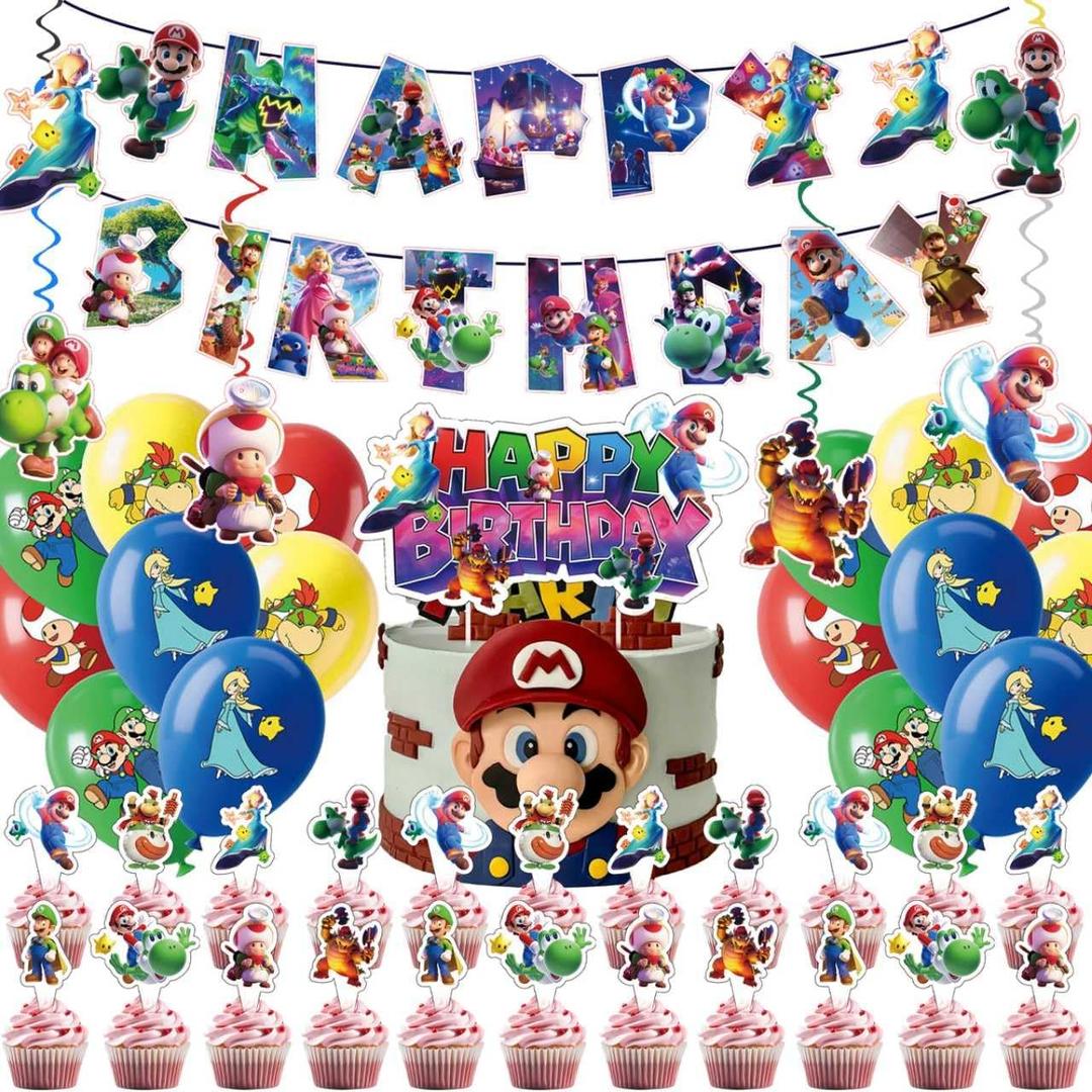 48Pcs latest Mario Birthday Party Supplies, Party Decorations Set Include Banner, Balloons, Hanging Swirls, Cake Cupcake Toppers, Tablecloth for Boys Girls Mario Theme Party