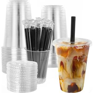 lucdnc 16oz Disposable Clear Plastic Cups with Lids and Smoothies Straws Party Drinking Cups for Milkshakes,Cold Coffee-25 Sets