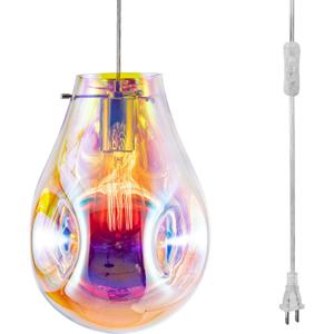 Plug in Pendant Light with Cord E26 E27, Modern Glass Handblown Colorful Hanging Lights with Plug in Cord for Kitchen Island Living Room Dining Room Restaurant