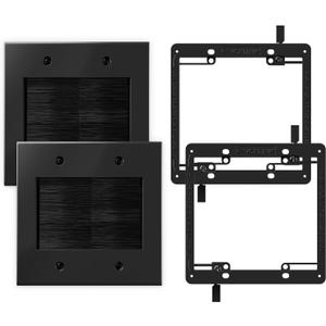 VCELINK 2 Gang Brush Wall Plate (Black, 2 Pack), Cable Pass Through Wire Hider for Cable Management, Compatible with Ethernet Cables, HDMI Cables & Home Theater Systems (Black, with Bracket)
