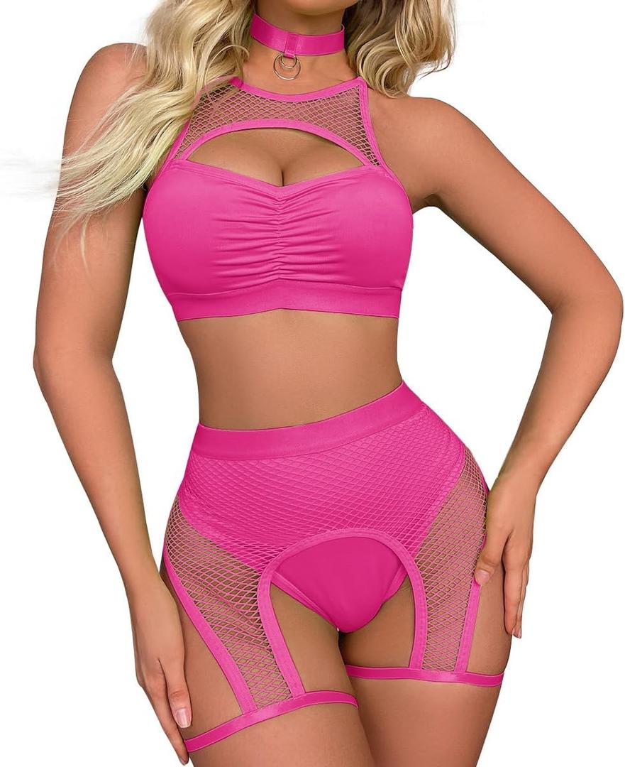ABAFIP Women Rave Outfits Cutout Fishnet Top Booty Shorts Bottom Choker 3Pcs Babydoll Nightwear Festival Lingerie (Large, Rose)