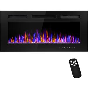 36" Electric Fireplace Wall Mounted and Recessed with Remote Control, 750/1500W Ultra-Thin Wall Fireplace Heater W/Timer Adjustable Flame Color and Brightness, Log Set & Crystal Options