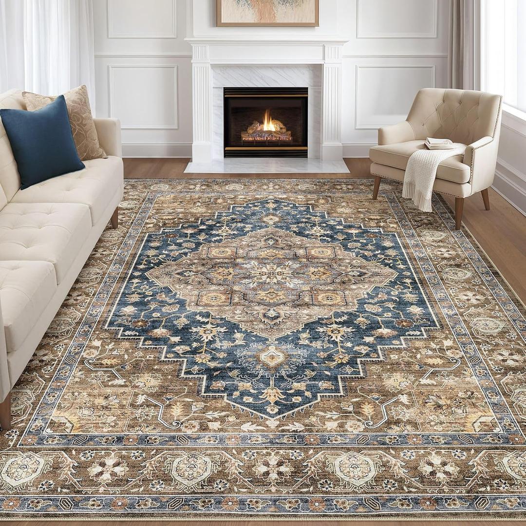 7x9 Area Rug Living Room: Washable Boho Large Neutral Vintage Soft Rugs Stain Resistant Farmhouse Non-Slip Indoor Floor Carpet for Bedroom Nursery Kids Playroom Office Dining Room- Blue Tan
