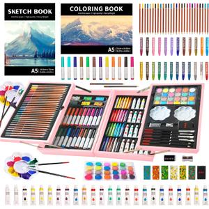 KINSPORY Art Set, 139 Pack Painting Drawing Art Supplies Kit with 2 Sketch Pads, Deluxe Double Layers Art Set Crafts, Colored Pencils, Oil Pastels, Watercolor Paints, Gift for Artists Kids (Rose Pink)