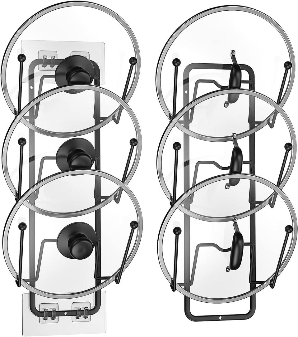2 Pack Pot Lid Organizer for Cabinet, 2 in 1 Wall Mount & Adhesive Pot Lid Holder Rack for Kitchen Storage 6 Tier Pan Lid Organizer for Easy & Tidy Kitchen Organization