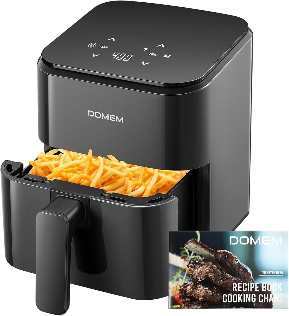 DOMEM 3 Qt Compact Air Fryer with Non-Stick Basket and Rack, User Friendly Simple Touchscreen, Cook in Simple Steps, Low-Oil Cooking Small Air Fryer, Space Saving Cooker