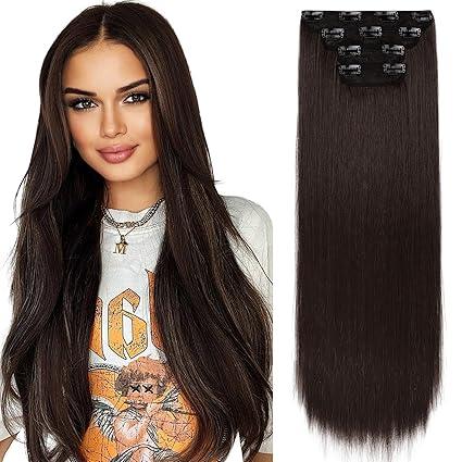 REECHO 28" Straight Super Long 4 PCS Set Thick Clip in on Hair Extensions Dark Brown with Little Reddish