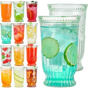 Vintage Drinking Glasses, 12 pcs Embossed Designed Highball Glasses, 16oz Glass Cups, Tall Water Glass Tumbler, Mojito Cup, Cocktail Glass, Vintage Glassware Set for Juice, Cocktail, Whiskey