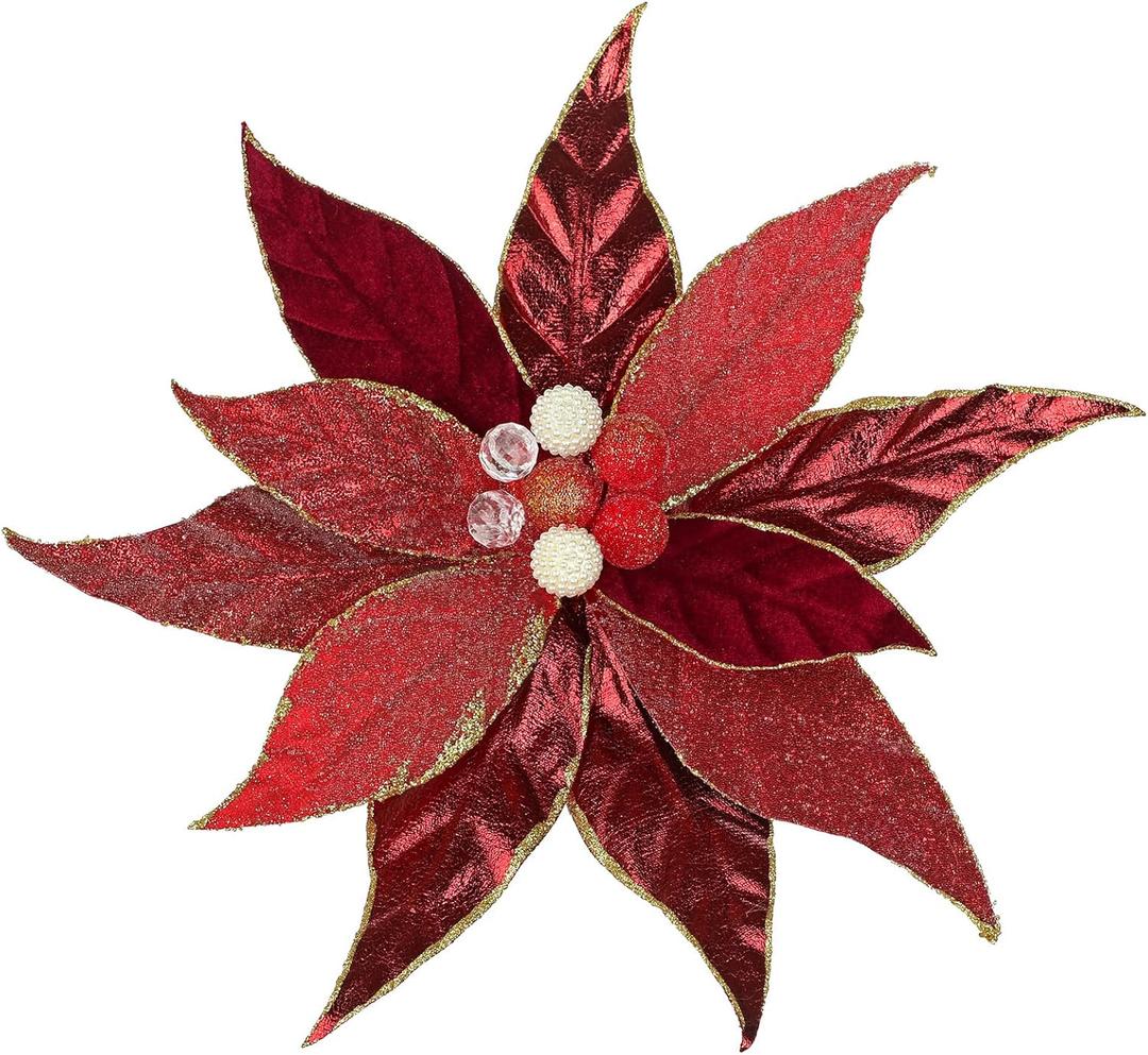 DILATATA 3 Pcs Artificial Christmas Flowers 13 Inch Glitter Poinsettia Picks Christmas Tree Ornaments Topper Decorations Red Poinsettias Flowers for Xmas New Year Wreath Garland Wedding Home Decor (Style 2-red)