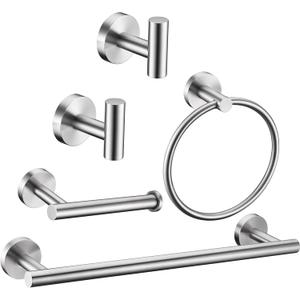5 Pieces Brushed Nickel Bathroom Hardware Set Include 16inch Towel Bar,2pcsTowel Hooks,Toilet Paper Holder,Hand Towel Ring Round SUS304 Stainless Steel Bathroom Accessories Set Heavy Duty Wall Mounted