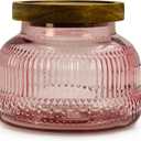 Decorative Pink Glass Jar with Airtight Wooden Lid 25.4 oz, Wide Mouth Vintage Kitchen Food Storage Container for Cookie Candy Honey Flour Spice Coffee Tea, Home Decor Sand Candle Holder Vase