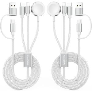 2Pack White-Upgraded 3 in 2 USB C Cable for Watch Charger Phone Charger USB C Multi Fast Charging Cable Compatible with Watch Ultra/SE/10/9/8/7/6/5/4/3/2/1 & Phone 16/15/14/Galaxy S23-4FT
