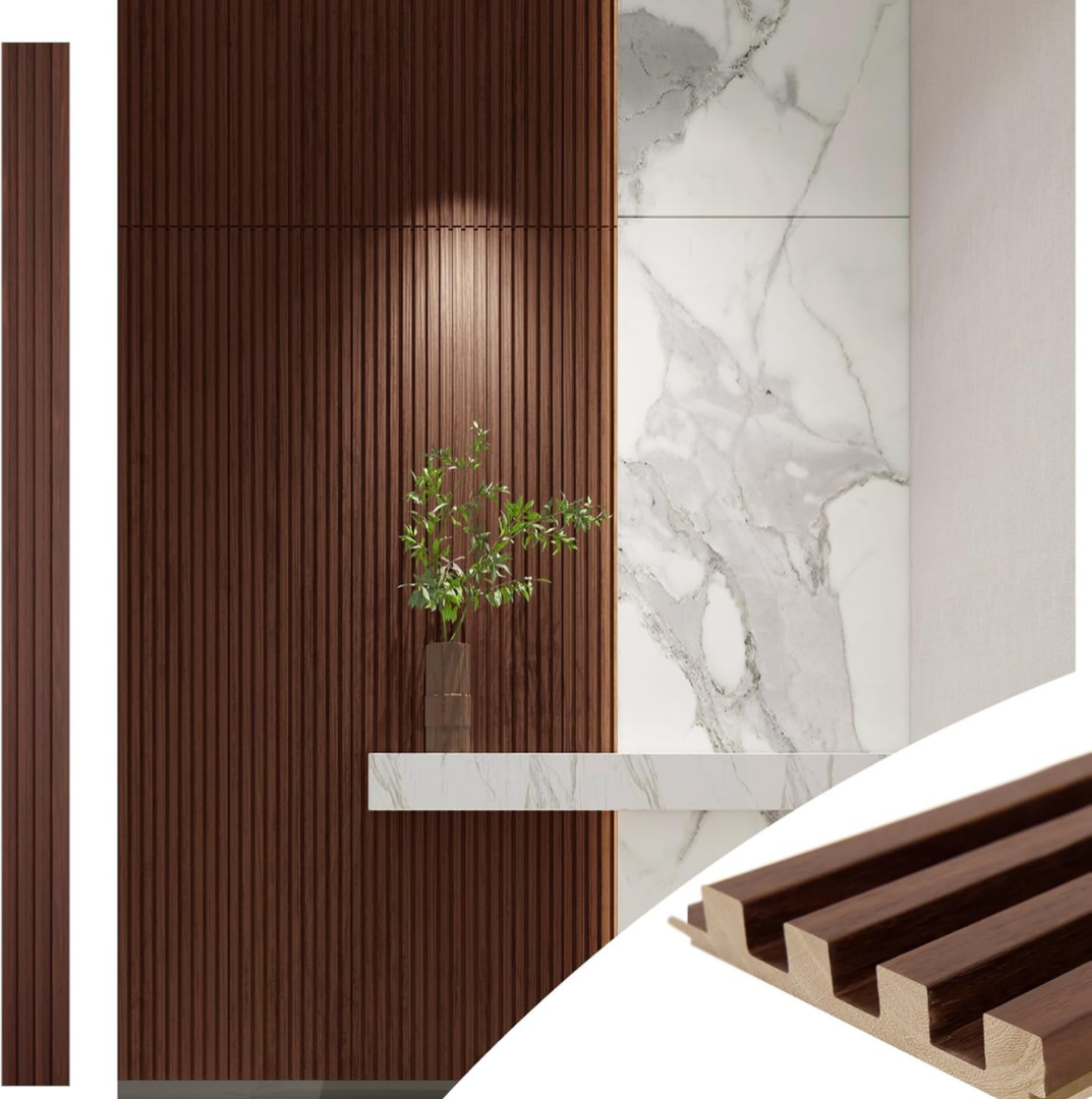 Art3d Slat Wood Wall Paneling for Interior and Ceiling Decoration - Pack of 4pcs + 1pc End-Trim, Size 108 x 5.7in.- Walnut