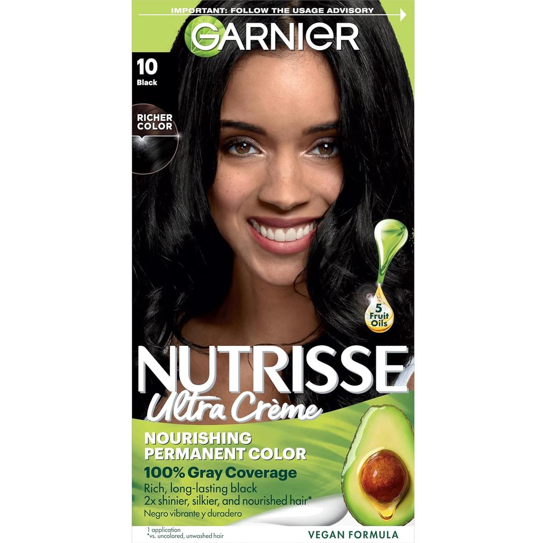 Garnier Nutrisse Ultra Crme Hair Color, Permanent Hair Dye with 100% Gray Coverage, Vegan & Cruelty-Free, 10 Black (Licorice), 1 Count