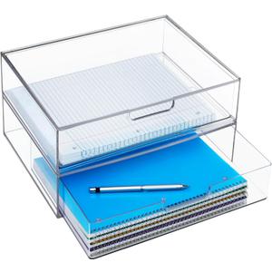 STORi STAX Plastic Stackable Organizer Drawers (Set of 2) Clear | 12.5" Wide | Set Includes Two Open Drawer | Organize Office Desk Accessories & Sort Paper | Made in USA