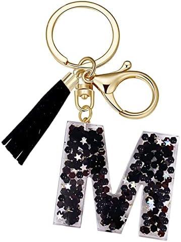 SELOVO Initial Keychain Black Letter Alphabet Tassel Charm Key Chain Ring for Handbag 2 Pcs