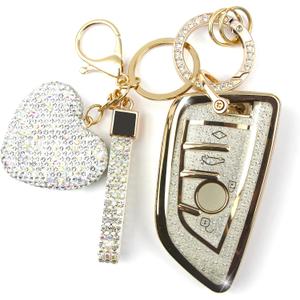 Key Fob Cover with Diamond Keychain Car Key Holder Case Compatible with BMW X1 X2 X3 X5 X6 X7 GT and 2 5 6 7 Series Smart Remote Key Protector for Women, 3 Buttons (White-Heart)