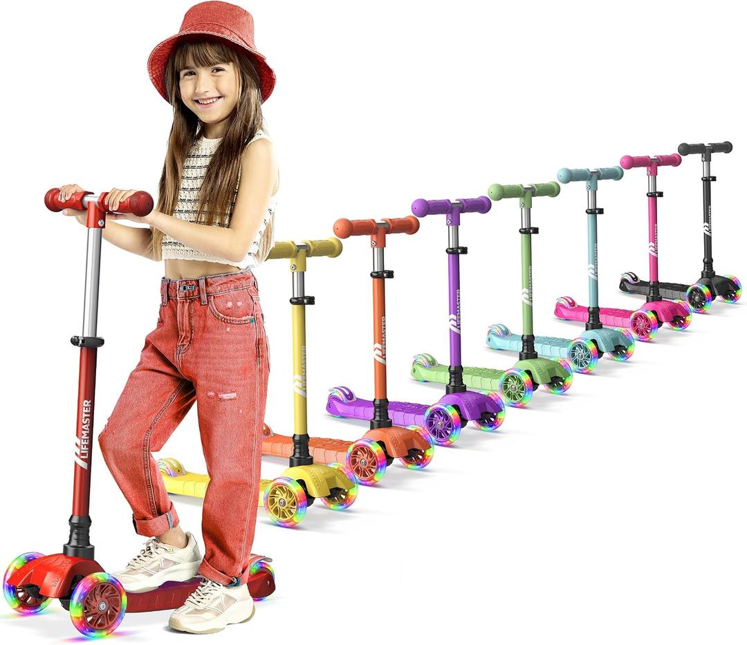 Lifemaster Mini 3-Wheel Kids Scooter with Multi-Color Wheel Lights 4-Height Adjustable Handlebar, Wide Anti-Slip Deck, Child Safety Certified, Boys & Girls Ages 2+ Supports Up to 110 lbs
