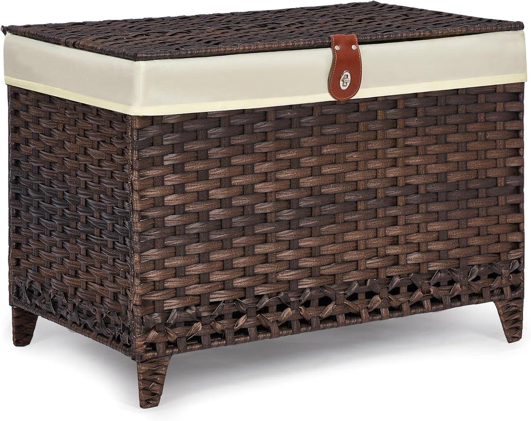 Honjourai Wicker Storage Basket with Lid,Rattan Shelf Basket with Removable Liner Bag,160L Storage Bin,Storage Trunk with Heightened Feet,Storage Container for Wardrobe,Home Organizer
