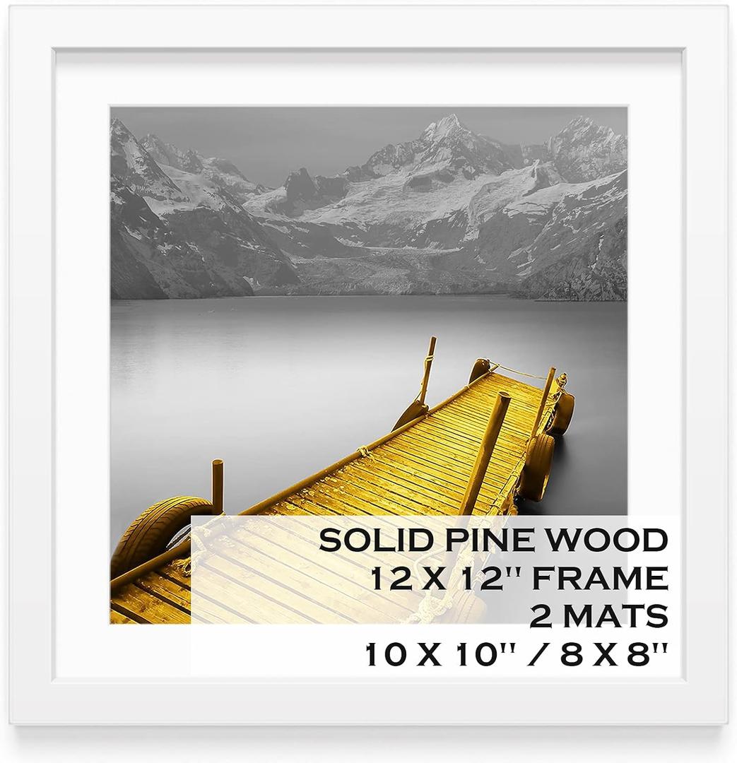 Tiblue 12x12 Picture Frames White Solid Wood Display Pictures 10x10 or 8x8 with Mat or 12x12 without Mat - 12x12 Inch Square Photo Frames with 2 Mats for Wall or Tabletop Mount, 1 Pack