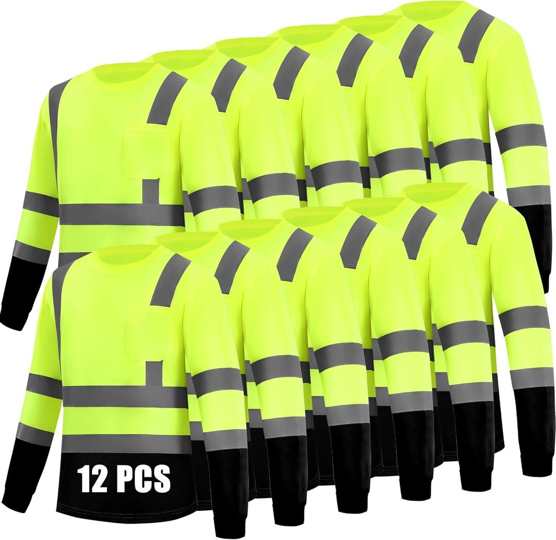 Hi Vis Long Sleeve Reflective T Shirts Safety Work Shirts Black Bottom Fast Dry for Men 12PCS (Yellow, XL)