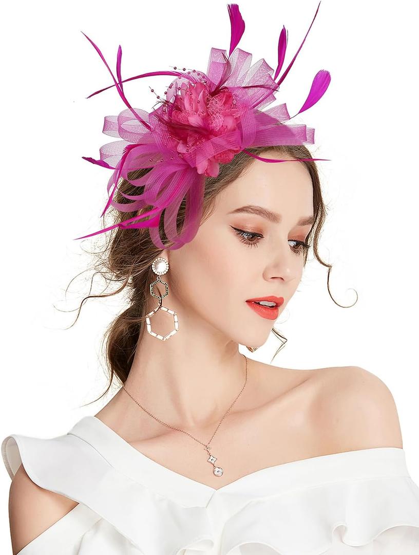 Fascinator Hats for Women Feather Flower Hair Clip Brooch Wedding Tea Party Hat Derby Race Headwear (Pink)