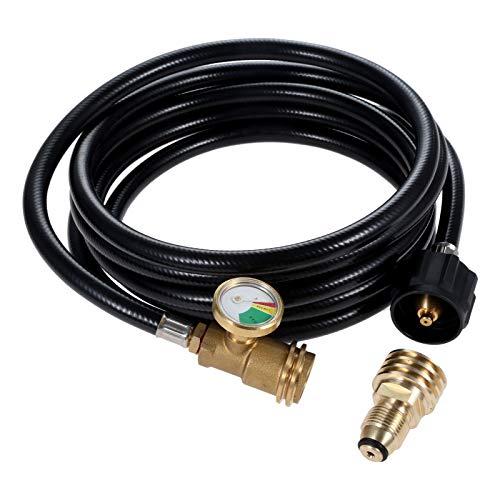 12 Feet Propane Tank Hose Extension with Gauge, Tank Adapter Converts POL 100 lb LP Tank to Male QCC1 / Type1, Fit for Gas Grill, Stove, RV, Heater, Fire Pit and Most Propane Appliances