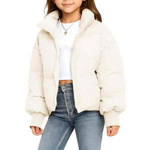 Gihuo Girls Kids Puffer Quilted Jacket Zip Up Warm Outerwear for Girls (13-14 Years, Beige)