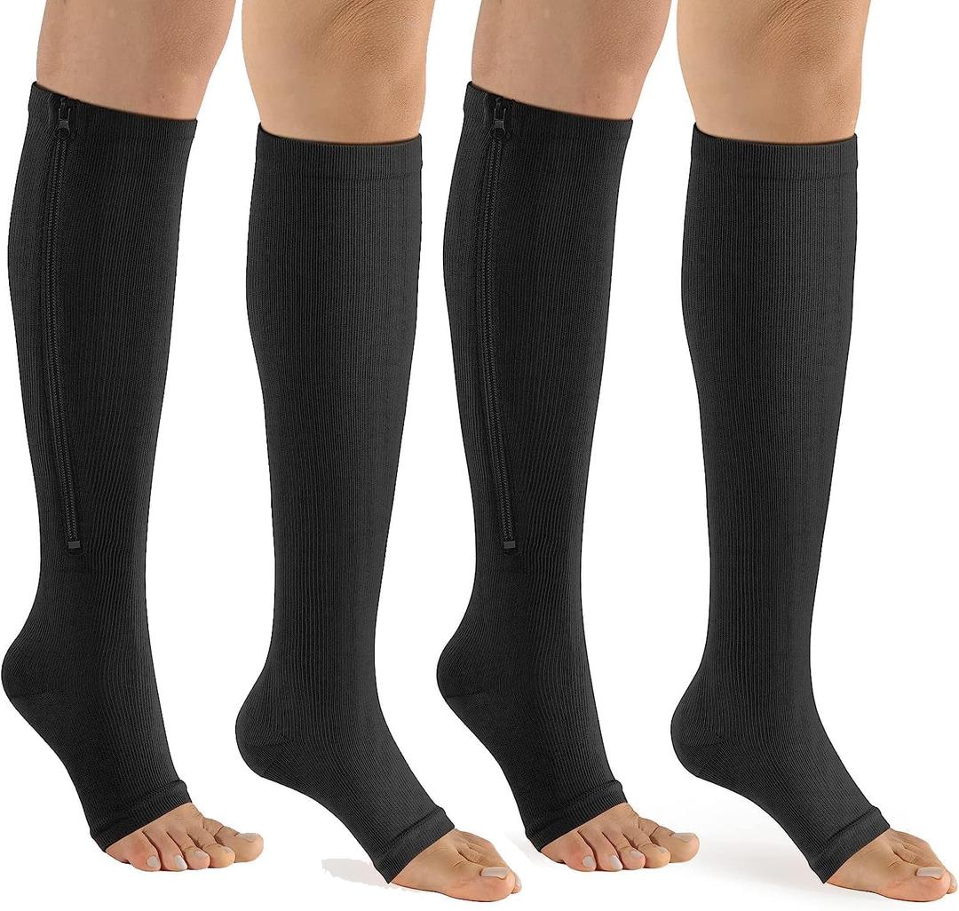bropite Zipper Compression Socks Women & Men - 2Pairs Calf Knee High 15-20mmHg Open Toe Compression Stocking suit for Walking, L/XL