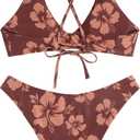 ZAFUL Women's Tie Back Padded High Cut Bralette Bikini Set Two Piece Swimsuit (1-Floral Mocha, S)